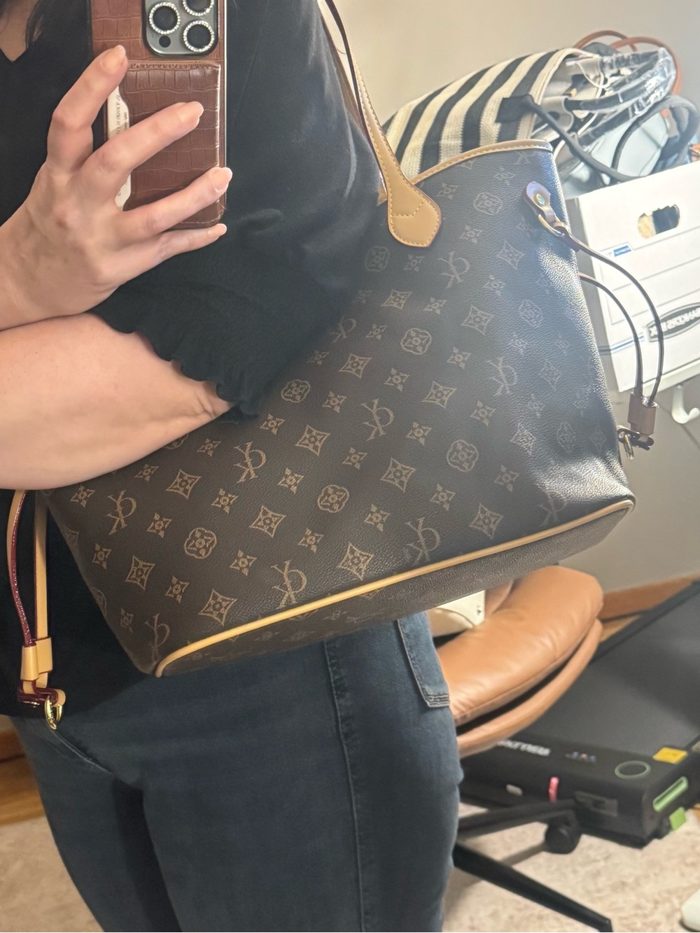 Guyika Brown Monogram Tote with Tan Trim - Picture 16 of 16